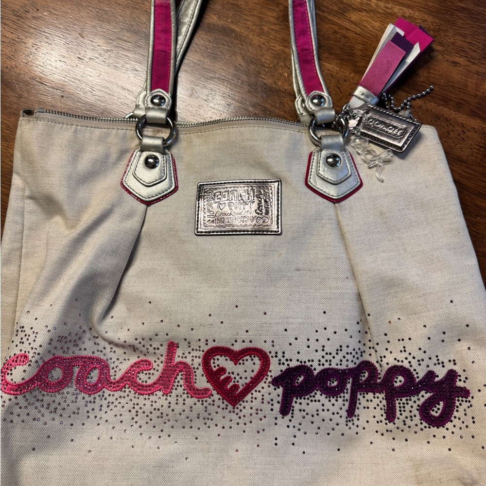 Coach Poppy Canvas Tote with Pink and Silver Accents